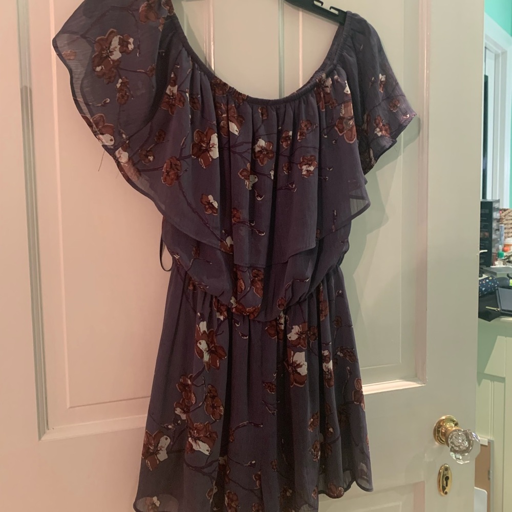 Purple floral off the shoulder romper from nyc boutique